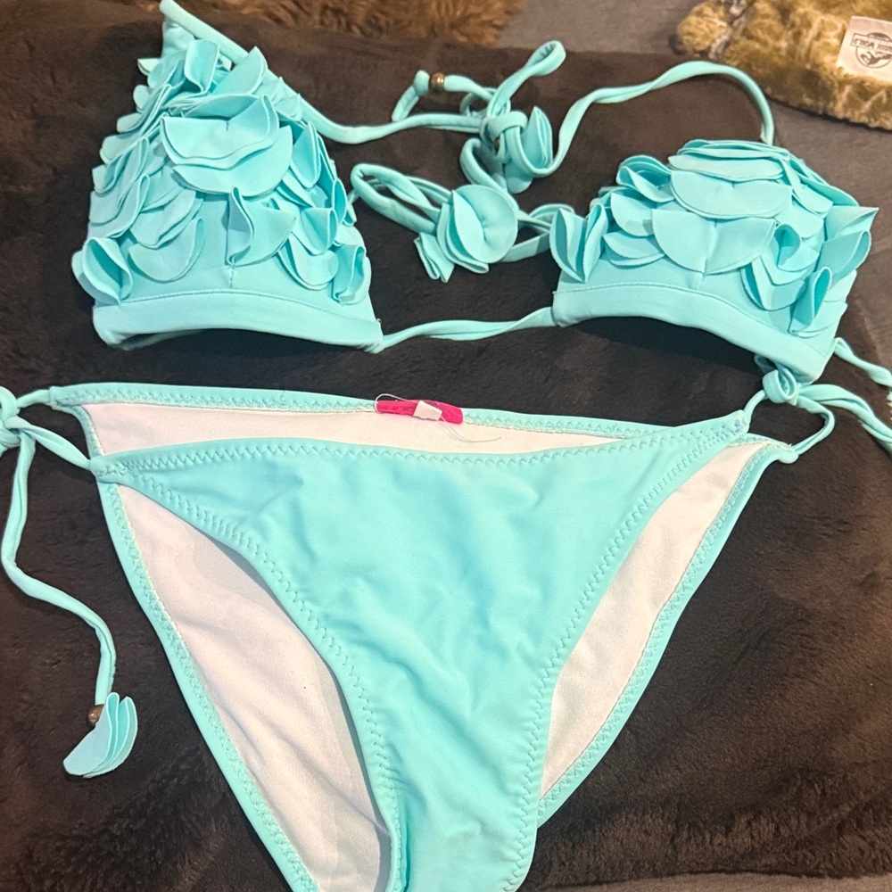 Turquoise Floral Appliqué Bikini Set by Swimbaby.